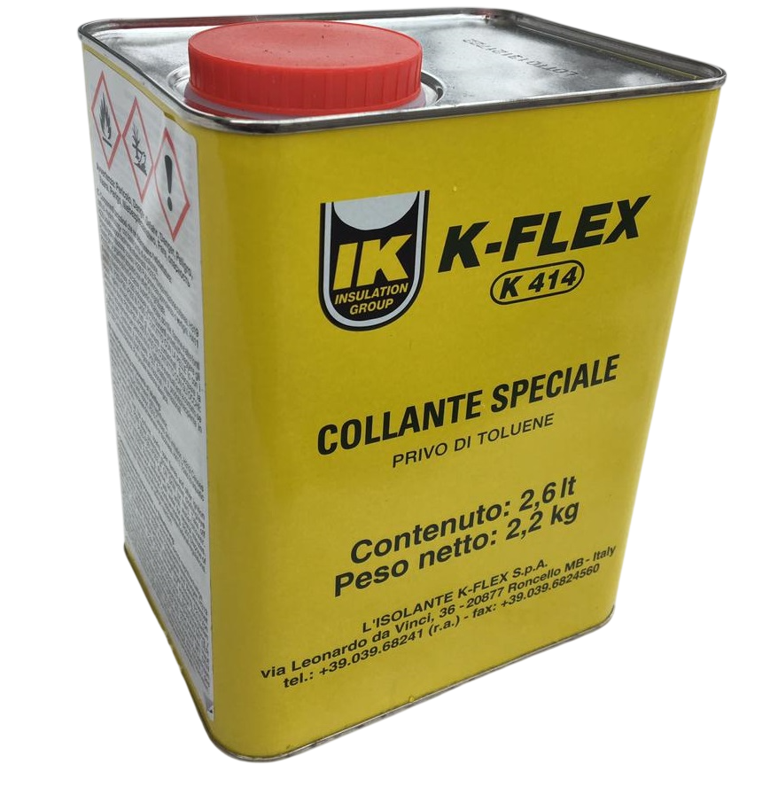 Клей K-FLEX 414 объемом 2,6 литра для соединения каучуковых трубок и рулонов.