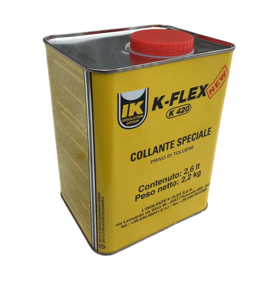 Клей K-FLEX 420 объемом 2,6 литра для соединения каучуковых трубок и рулонов.